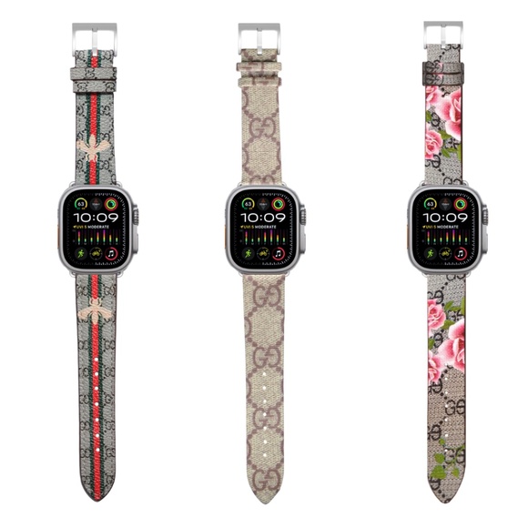 Bundle of Designer GG Leather Apple Watch Bands bee blooms canvas